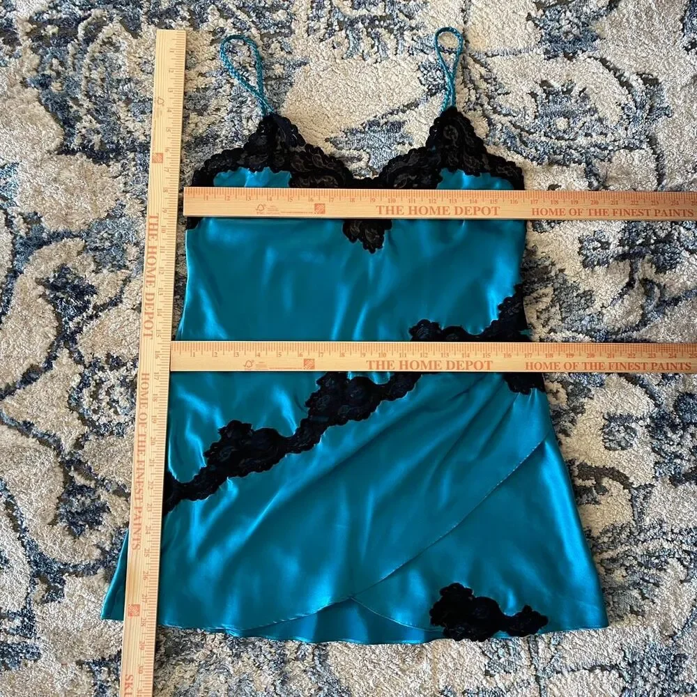 Vintage Y2K Victoria's Secret Teal Blue Mini Slip Dress Satin Lace Babydoll Sz S